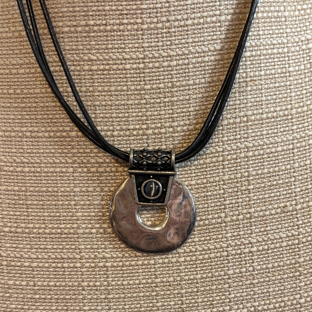 Chico's Silver-Tone Round Pendant Necklace with Black Cord